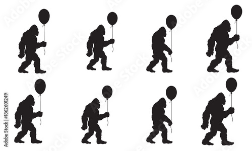 A sequence of illustrations showing a bigfoot silhouette walking while holding a balloon