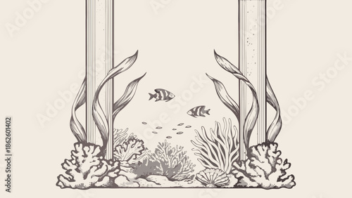 Flat illustration of underwater coral reef with fish and seaweed marine life