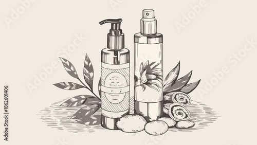 Flat illustration of natural skincare bottles with plants and stones