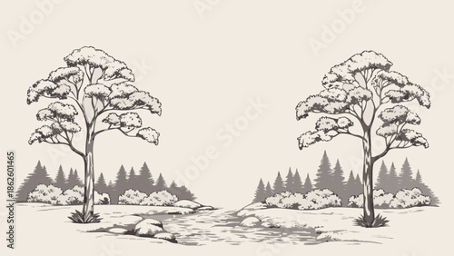 Flat vector illustration of stylized forest landscape with trees, stream, and rocks