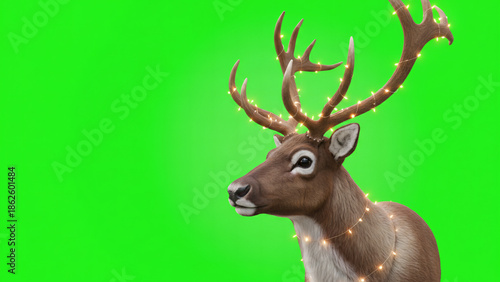 A festive reindeer adorned with Christmas lights standing against a bright green background
