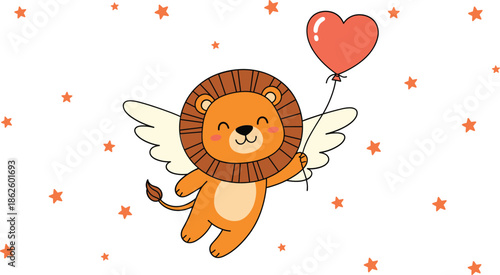 Cute Flying Lion With Wings Holding Heart Balloon And I Love You Text Illustration