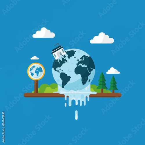 Earth melting ice cream cone, climate change concept, global warming, environmental crisis