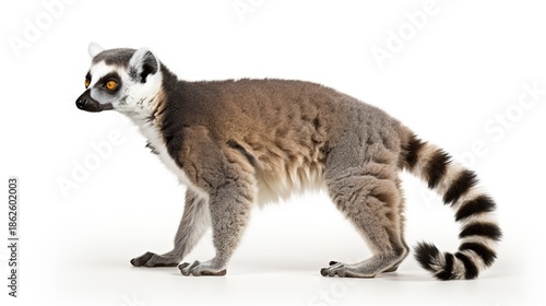 Ring-tailed Lemur Standing on a White Background with Distinctive Striped Tail and Curious Gaze