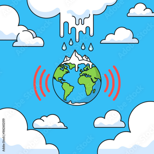 Melting Planet Earth Under Rainy Clouds, Global Warming Concept