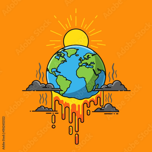 Planet Earth melting under hot sun, global warming concept, climate change illustration