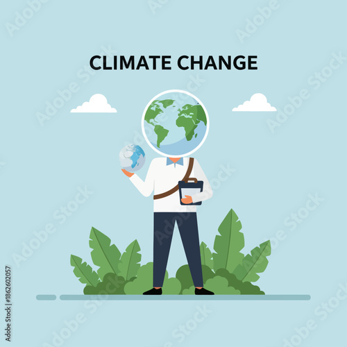 Person with Earth for head holding a globe, surrounded by plants, concept of climate change.