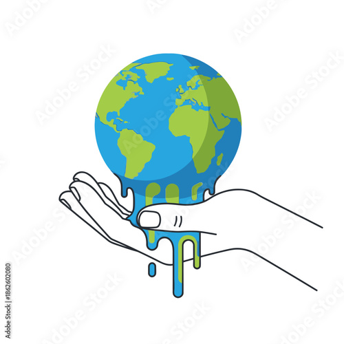 Melting Earth Globe Held in Hand, Climate Change Concept, Global Warming Illustration