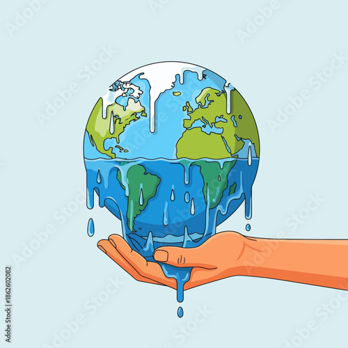 Hand holding melting Earth globe with water dripping, climate change concept, global warming illustration