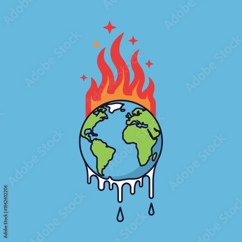 Melting Planet Earth on Fire, Global Warming Concept Illustration