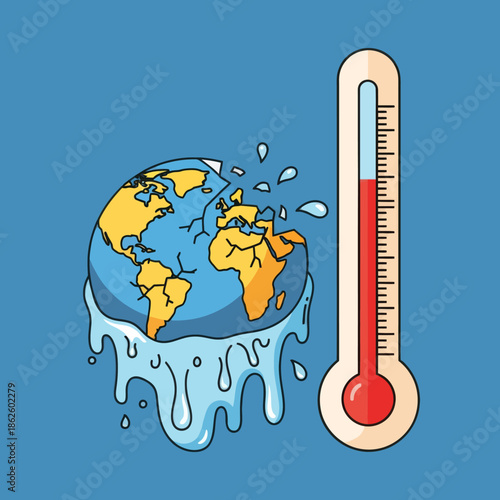 Melting Earth Planet with Thermometer Showing High Temperature, Climate Change Concept