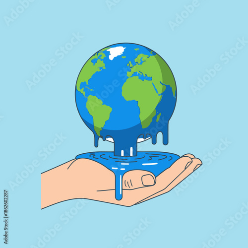 Hand Holding Melting Earth Globe Dripping Water, Concept of Global Warming and Climate Change
