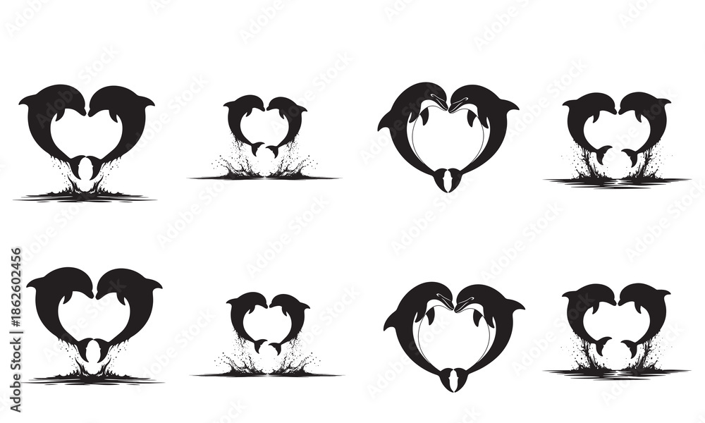 Obraz premium A collection of black dolphin heart silhouettes for love and marine life themed vector graphics