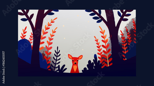 Whimsical forest scene with fawn standing among trees and colorful foliage looking curious