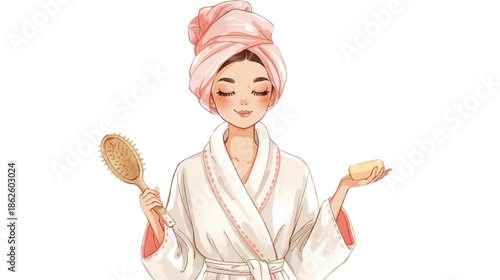 Relaxed Young Woman in Bathrobe with Hair Towel Holding Brush and Soap
