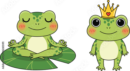 Cute frog cartoon vector illustration set with meditation pose and crowned royal character design