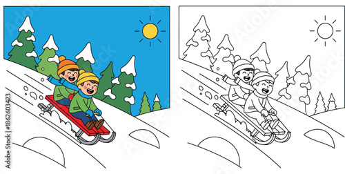 Coloring book page for kids with colored example and outline. Happy children sledding down the hill in winter landscape. Vector cartoon illustration of winter activity for education.