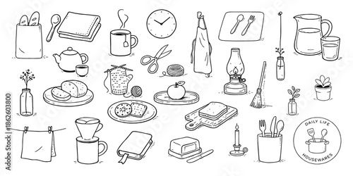 日常生活の雑貨と道具の線画イラストセット、Daily Life Houseware Line Illustration Set