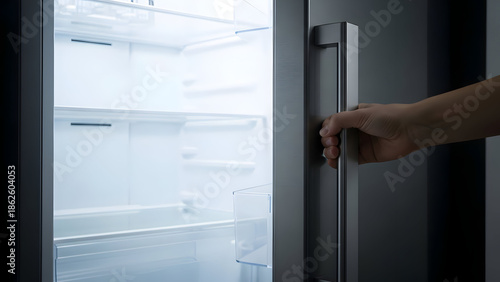 Hand opening modern stainless steel empty refrigerator door with bright illuminated shelves representing food shortage
