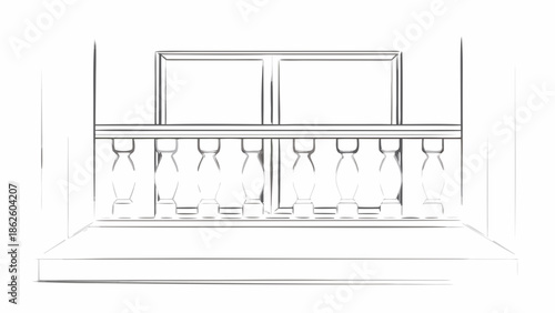 Detailed architectural design of a balcony with a railing and rectangular decoration