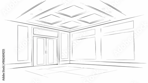 Empty room perspective view flat vector illustration with door and square ceiling panels