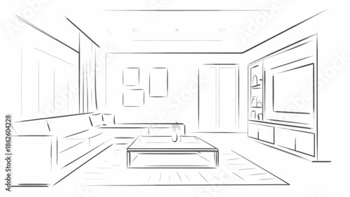 Minimalist living room interior design, modern flat vector illustration with sofa, coffee