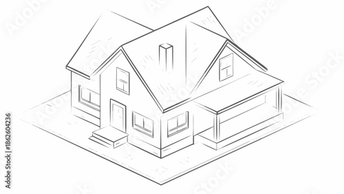Isometric house outline in flat vector style with minimal details and a garage