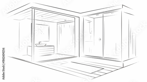 Modern bathroom interior flat vector illustration with sink, mirror, and shower area