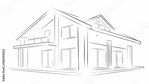 Modern apartment building facade flat vector illustration with gable roof and balcony