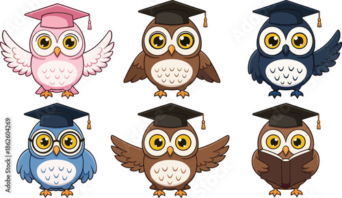 Cute graduation owl cartoon vector illustration set with colorful academic caps for education designs