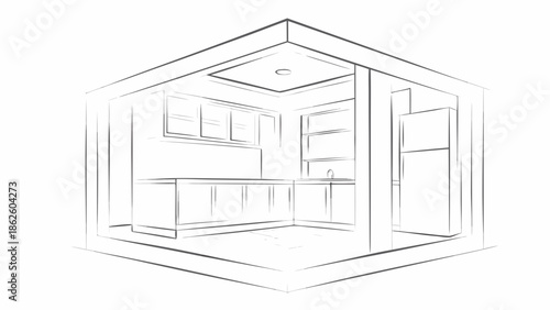 Open plan kitchen interior architectural vector illustration with cabinets and appliances