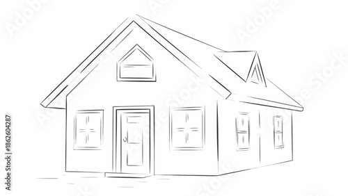 Traditional countryside cottage exterior with gable roof and dormer window flat illustration