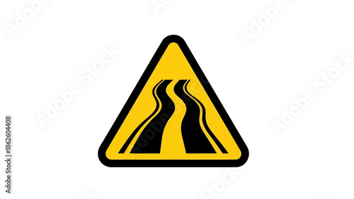 Yellow road sign warning of a winding road ahead on a white background.