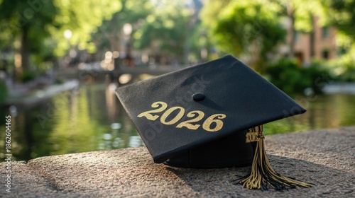Black graduation cap with 2026 year on stone ledge near serene water in a lush greenscape setting