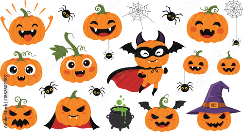 Cute Halloween Pumpkin Character Set With Bat Costume Spiders Witch Hat And Funny Faces