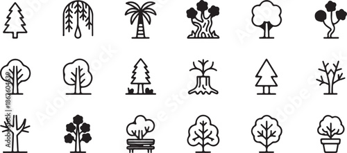 Black and White Icons Representing Different Types of Trees and Tree Stumps Keywords: tree, forest, nature, plant