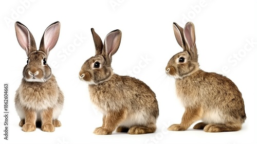 Three Curious Brown Rabbits Standing in a Row Against a White Background