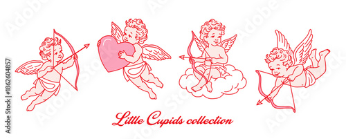 Collection of cute little cupids in different poses with bow and arrow, big heart in hands, hand drawn in retro style, for Valentine's Day or wedding design, love concept. Cupids isolated on white.
