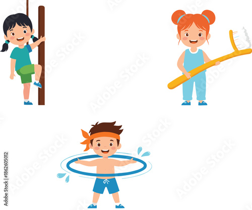 Cute kids daily activities cartoon vector illustration set with brushing teeth exercising playing and healthy habits