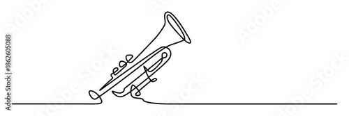 Abstract continuous line drawing of simple trumpet for music and performance vector illustration