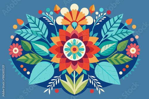 Modern Flowers illustrations. Geometric, flat style design, folk motif, bright and colorful flowers. Vector illustrations 