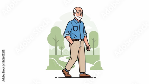 Elderly Man Walking Outdoors in Park.