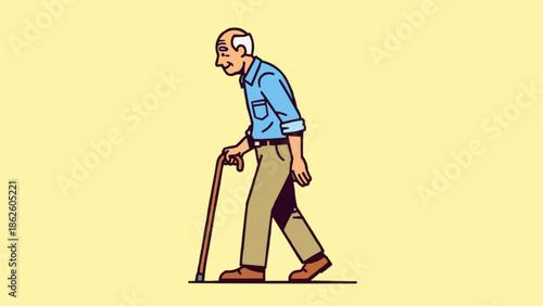 Elderly man walking with a cane illustration.