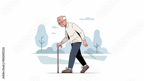 Elderly man walking with a cane in a park illustration.