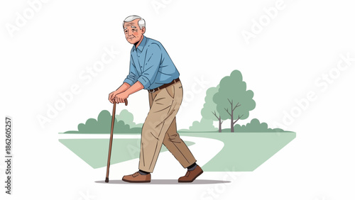 Elderly man walking with a cane in a park.
