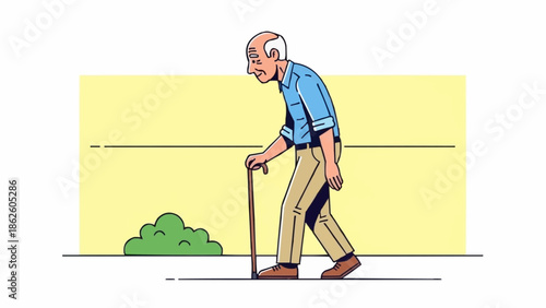 Elderly Man Walking with Cane Outdoors.