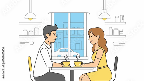 Couple enjoying coffee date at a cafe table by the window.