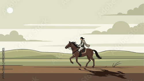 Cowboy riding a horse across a vast landscape illustration.
