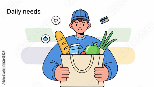 Delivery person holding a grocery bag full of food items.