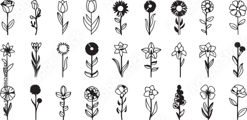 Collection of Hand Drawn Flowers and Blossoms in Outline and Silhouette Keywords: flower, blossom, floral, bloom
